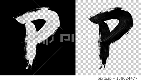 Brushstroke letter P in bold grunge style on split isolated black and white background, symbolizing contrast and creativity Brushstroke letter P in bold grunge style on split isolated black and white background, symbolizing contrast and creativity 138024477
