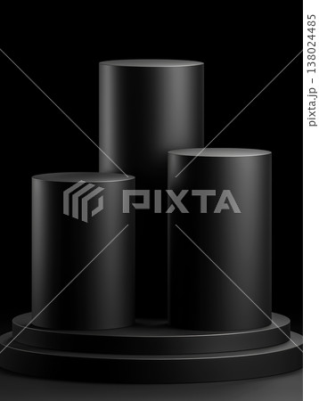 Dark cylindrical podiums for product display in minimalist style on plain backdrop, concept of modern elegance product mockup Dark cylindrical podiums for product display in minimalist style on plain backdrop, concept of modern elegance product mockup 138024485