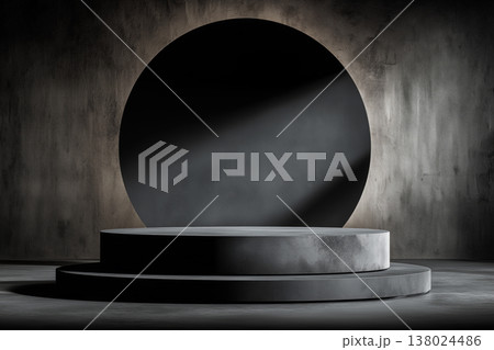 Black round podium with circular panel in minimal style, smooth matte floor on dark background, concept of luxury product display 138024486
