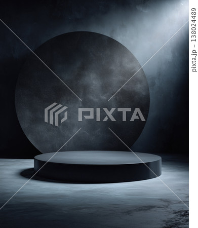 Black round podium with circular panel in minimal style, smooth matte floor on dark background, concept of luxury product display 138024489