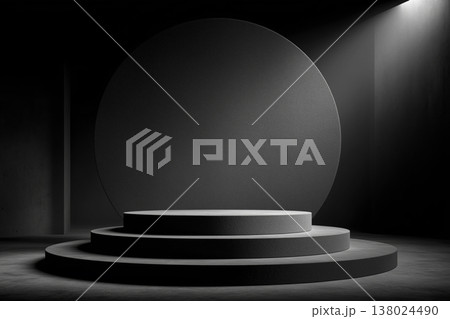 Black round podium with circular panel in minimal style, smooth matte floor on dark background, concept of luxury product display 138024490