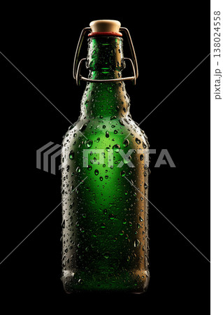 Green glass beverage bottle covered with droplets, isolated on dark background with clipping path, concept of freshness and chill 138024558
