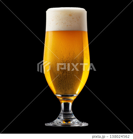 Foamy amber ale beer in a tall tulip glass with creamy foam head, isolated on black background, concept of refreshment and taste Foamy amber ale beer in a tall tulip glass with creamy foam head, isolated on black background, concept of refreshment and taste 138024562