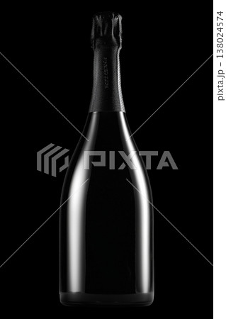 Champagne bottle with rising bubbles on black backdrop with clipping path, symbolizing celebration and elegance 138024574