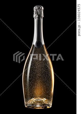 Champagne bottle with rising bubbles and silver foil on black backdrop with clipping path, symbolizing celebration and elegance 138024575