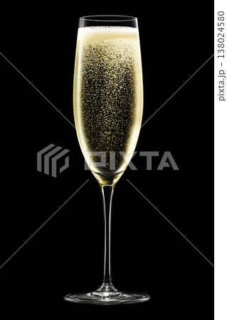 Trumpet clear wine glass filled with sparkling champagne and bubbles on black background with clipping path 138024580