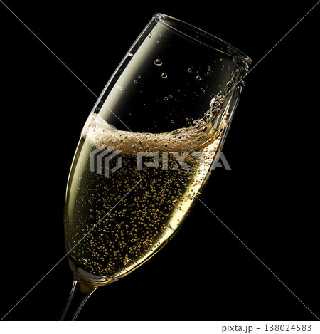 Tulip clear wine glass filled with sparkling champagne and bubbles on black background with clipping path 138024583