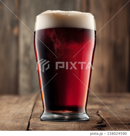 Glass of craft ruby beer with foam on brown wooden table and solid backdrop, concept of refreshment and taste feel 138024590