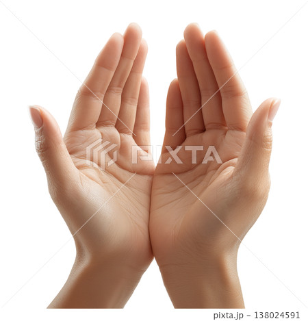 Two human hands cupped together forming a bowl-like shape , isolated on white background, concept of receiving or offering 138024591