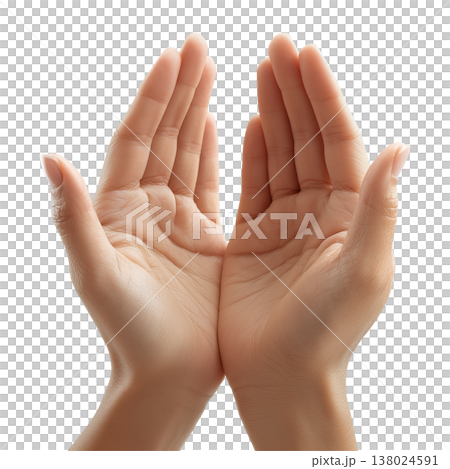 Two human hands cupped together forming a bowl-like shape , isolated on white background, concept of receiving or offering 138024591
