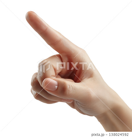 Woman's hand making a index finger pointing gesture, isolated on white background, concept of direction and attention 138024592