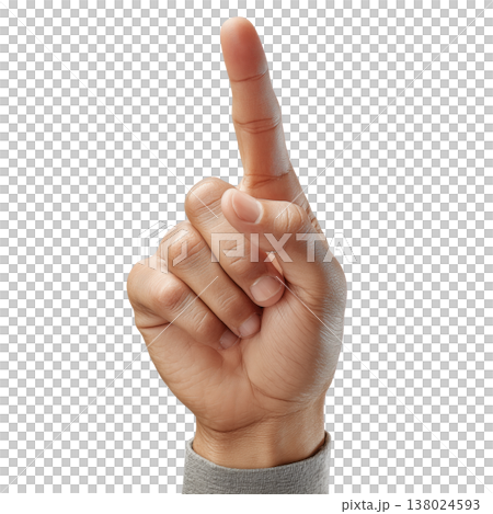 Woman's hand with manicured nails showing upward pointing gesture isolated on white background, concept of attention or direction 138024593
