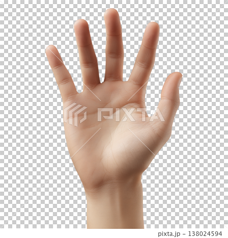 Human hand with fingers spread wide and open palm, isolated on white background. Concept of gesture, stop, or greeting 138024594