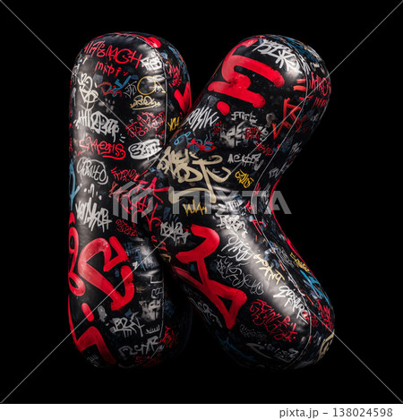 3D inflated K letter filled with bold graffiti tag in street art style on black backdrop with clipping path, urban creativity vibe 138024598