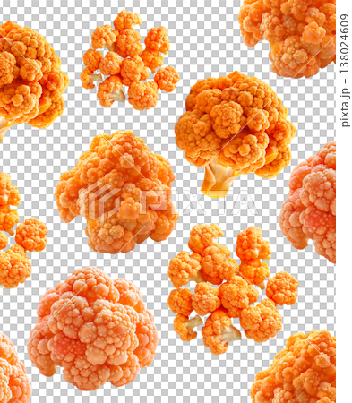 Multiple orange cauliflower florets displayed in seamless organic pattern style on white background, concept of healthy food Multiple orange cauliflower florets displayed in seamless organic pattern style on white background, concept of healthy food 138024609