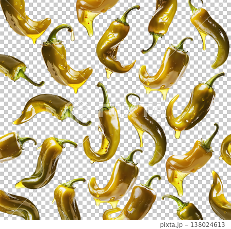 Shiny green chili peppers covered in oil, isolated on white background, emphasizing food freshness and culinary splash concept Shiny green chili peppers covered in oil, isolated on white background, emphasizing food freshness and culinary splash concept 138024613