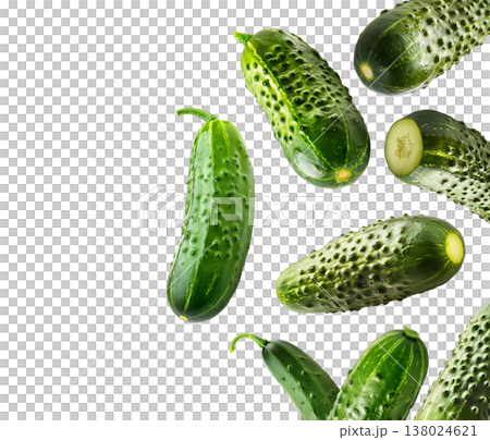 Multiple fresh green cucumbers arranged in a seamless pattern isolated on white background, healthy food and organic produce Multiple fresh green cucumbers arranged in a seamless pattern isolated on white background, healthy food and organic produce 138024621