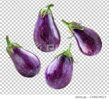 Several purple striped eggplants displayed in scattered pattern isolated on white background, produce and organic food concept Several purple striped eggplants displayed in scattered pattern isolated on white background, produce and organic food concept 138024623