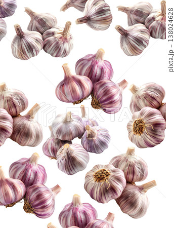 Multiple whole garlic bulbs arranged in a seamless pattern, isolated on white background. Concept of organic food and culinary spice 138024628