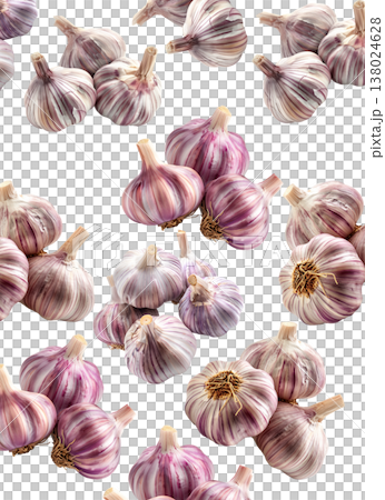 Multiple whole garlic bulbs arranged in a seamless pattern, isolated on white background. Concept of organic food and culinary spice 138024628