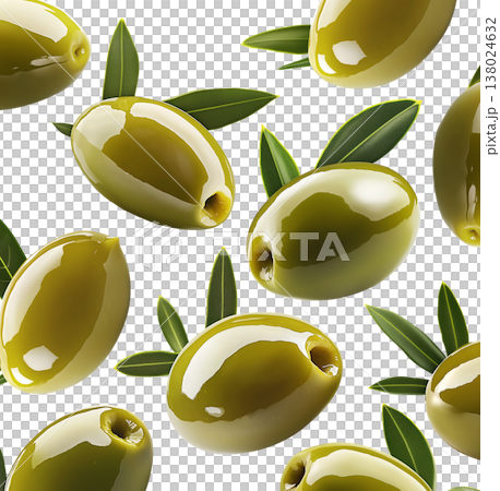 Shiny green olives with natural leaves in seamless pattern isolated on white background, freshness and Mediterranean cuisine 138024632