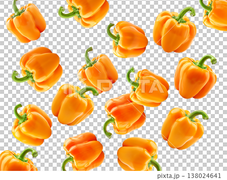 Multiple fresh orange bell peppers scattered in a seamless pattern, isolated on white background, concept of healthy food Multiple fresh orange bell peppers scattered in a seamless pattern, isolated on white background, concept of healthy food 138024641