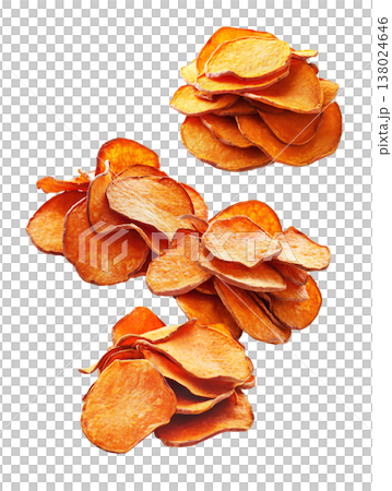 Piles of sweet potato chips placed randomly, isolated on white background, concept of healthy snack food 138024646