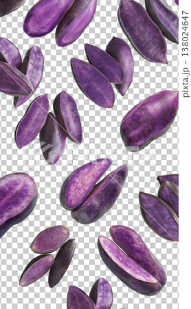 Whole and sliced purple yams or sweet potato, isolated on a white background, concept of exotic root vegetable texture 138024647