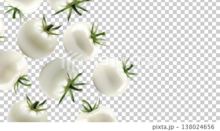 Multiple white tomatoes with green stems isolated on white background, representing freshness and uniqueness Multiple white tomatoes with green stems isolated on white background, representing freshness and uniqueness 138024656