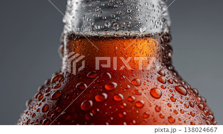 Closeup beer or soda bottle covered with droplets on dark background, concept of freshness and refreshment Closeup beer or soda bottle covered with droplets on dark background, concept of freshness and refreshment 138024667