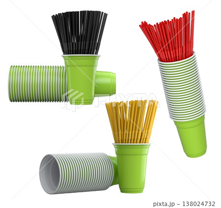 Multiple colorful plastic straws arranged in plastic cups isolated on white background, symbolizing party beverages 138024732