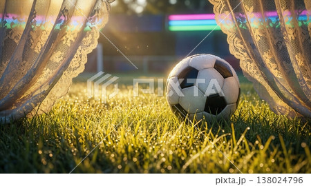 朝露に濡れた朝の芝生とサッカーボール：レースカーテンの向こうに広がるスタジアムの光と希望 138024796