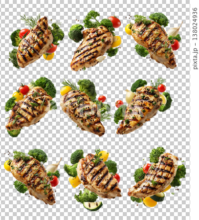 Grilled chicken breast with herbs, broccoli florets, and cherry tomatoes, isolated on white transparent background 138024936