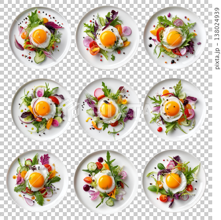 Salad with fried egg, fresh greens and vegetables isolated on white transparent background, top view. 138024939