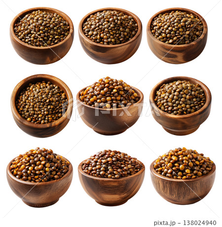 Cooked green lentils in a natural wooden bowl, isolated on white transparent background, concept of healthy eating 138024940