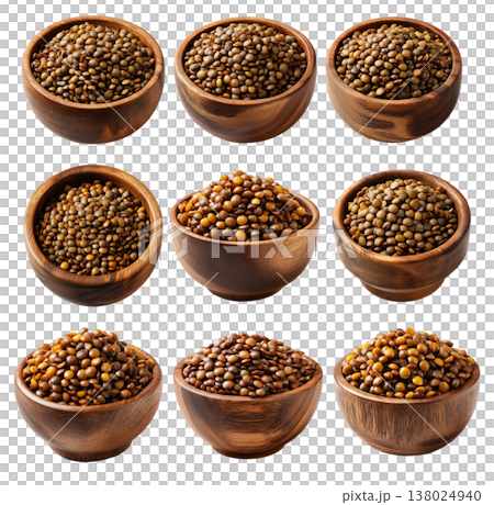 Cooked green lentils in a natural wooden bowl, isolated on white transparent background, concept of healthy eating 138024940