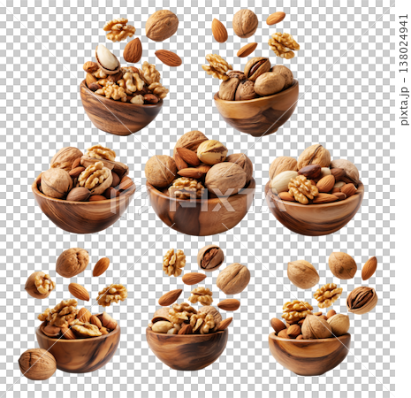 Whole and cracked walnuts with almonds and fresh green leaves, isolated on white transparent background, concept of healthy eating 138024941