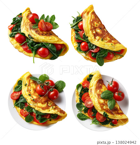Omelet filled with spinach and cherry tomatoes, isolated on white background, concept of healthy breakfast and nutrition Omelet filled with spinach and cherry tomatoes, isolated on white background, concept of healthy breakfast and nutrition 138024942