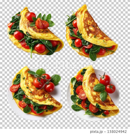Omelet filled with spinach and cherry tomatoes, isolated on white background, concept of healthy breakfast and nutrition Omelet filled with spinach and cherry tomatoes, isolated on white background, concept of healthy breakfast and nutrition 138024942