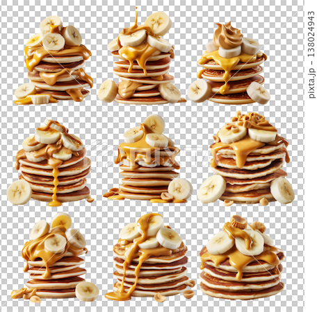 Stack of pancakes topped with banana slices and peanut butter splash isolated on white transparent background Stack of pancakes topped with banana slices and peanut butter splash isolated on white transparent background 138024943