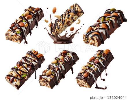 Chocolate coated nut protein energy fitness bar topped with almonds, cashews, walnuts, and chocolate drizzle on white Chocolate coated nut protein energy fitness bar topped with almonds, cashews, walnuts, and chocolate drizzle on white 138024944