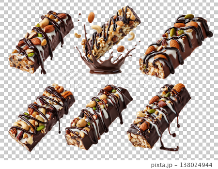 Chocolate coated nut protein energy fitness bar topped with almonds, cashews, walnuts, and chocolate drizzle on white 138024944