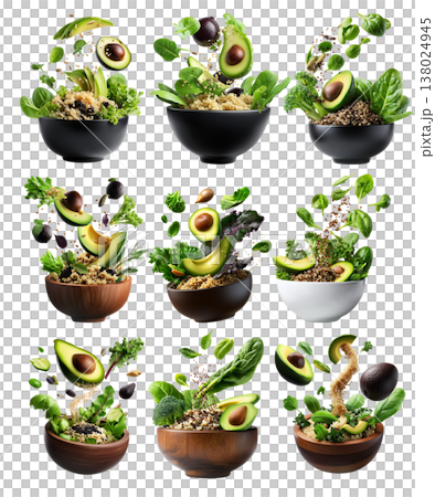 Healthy avocado, leafy greens, quinoa, and seeds burst above a wooden bowl, isolated on white transparent background Healthy avocado, leafy greens, quinoa, and seeds burst above a wooden bowl, isolated on white transparent background 138024945