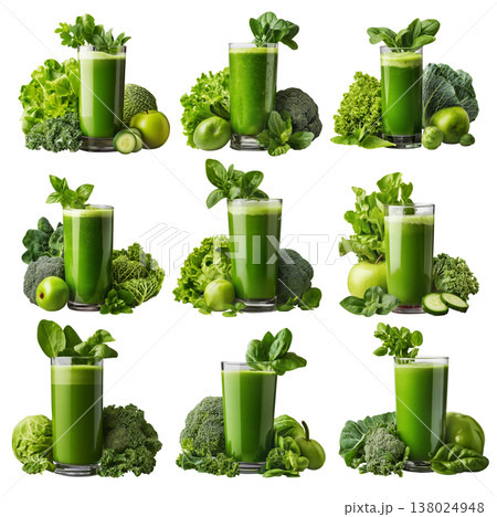 Fresh green vegetable smoothie in glass placed among kale, spinach, arugula, and cucumber slices on white background Fresh green vegetable smoothie in glass placed among kale, spinach, arugula, and cucumber slices on white background 138024948