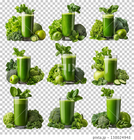 Fresh green vegetable smoothie in glass placed among kale, spinach, arugula, and cucumber slices on white background 138024948