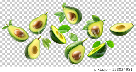 Whole and halved ripe avocados with green leaves, isolated on white background. Concept of fresh organic tropical fruit 138024951