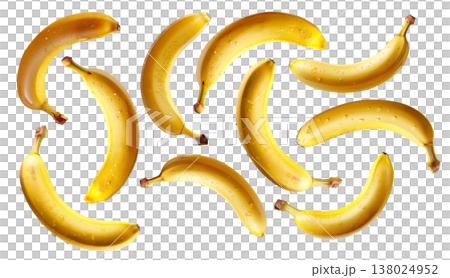 Multiple fresh yellow bananas with water droplets isolated on a white background. Concept of tropical fruit freshness 138024952