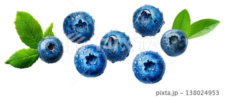 Close-up of ripe blueberries with water droplets and green leaves on white background, symbolizing freshness and healthy eating Close-up of ripe blueberries with water droplets and green leaves on white background, symbolizing freshness and healthy eating 138024953