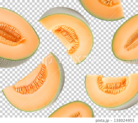 Fresh cantaloupe melon wedges with seeds displayed in a scattered seamless pattern, on white background, concept of summer fruit 138024955