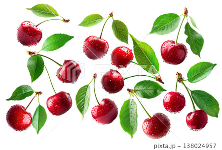 Juicy red cherries with fresh green leaves and water droplets, isolated on a white background, concept of freshness Juicy red cherries with fresh green leaves and water droplets, isolated on a white background, concept of freshness 138024957